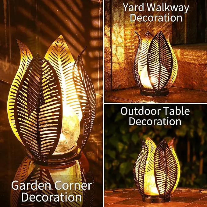 Solar Garden Lights Waterproof Decorations,Crackle Globe Glass,Metal Palm Leaf Solar Lights for Outdoor Decor On Garden,Patio,Yard,Front Porch,Tabletop Lamp-Perfect Gifts by GreenHaven Gardens