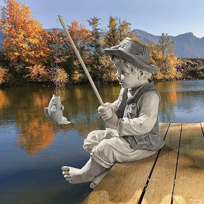 Design Toscano Frederic the Little Fisherman of Avignon Boy Fishing Garden Statue, 15 Inch Tall, Cast Stone Resin, Two Tone Stone Finish by GreenHaven Gardens