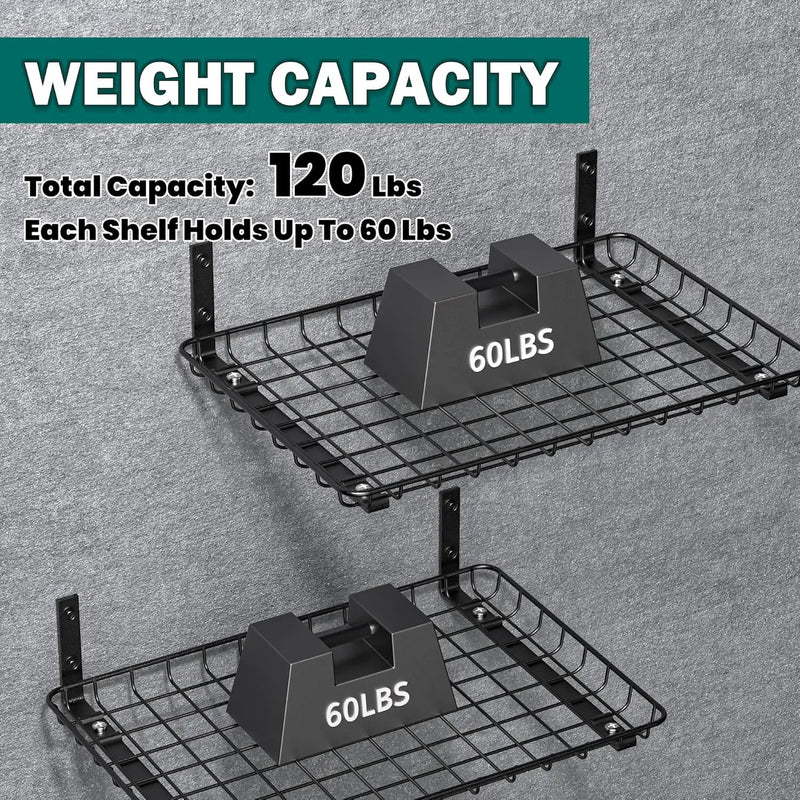 EVERHANGER Garage Wall Shelves 12x18 Inch, Wall Mounted Storage Shelf, Metal Shelf Rack, Heavy-Duty Shelf Organizer 2 Pack, Black by GreenHaven Gardens