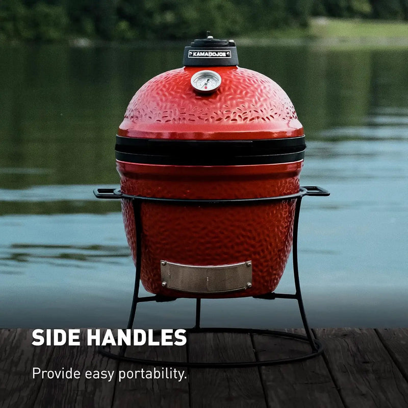 Kamado Joe Joe Jr 13.5-inch Portable Ceramic Charcoal Grill with Grill Stand, Stainless Steel Cooking Grate, Heat Deflectors and Ash Tool in Red, Model KJ13RH by GreenHaven Gardens