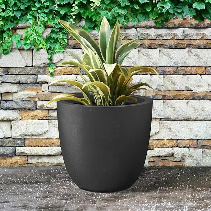 Kante 18 Inch Dia Round Concrete Planter, Indoor Outdoor Large Plant Pot with Drainage Hole and Rubber Plug for Home Patio Garden, Black by GreenHaven Gardens