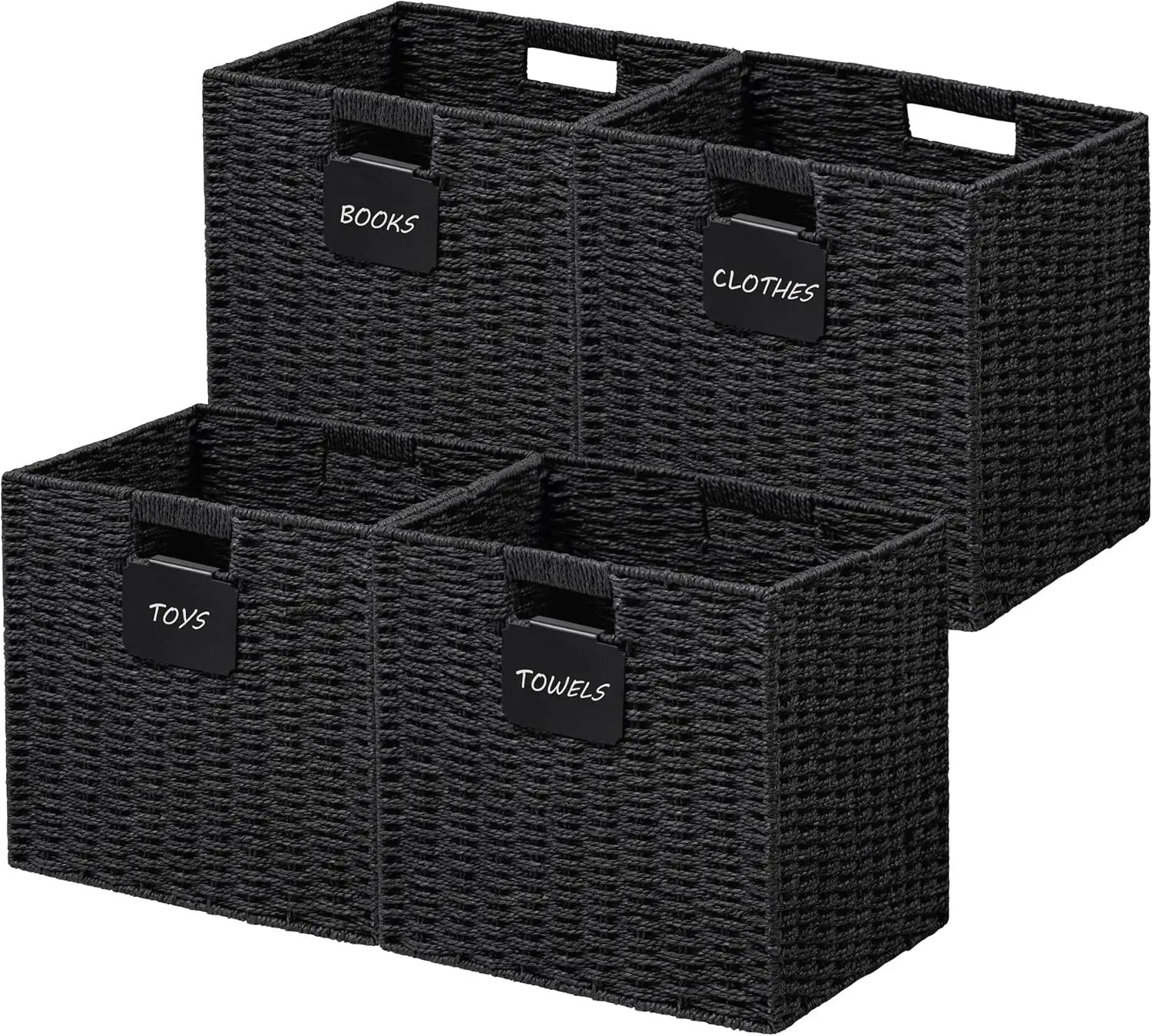 UBBCARE 4 Pack Wicker Basket, 10.5×10.5 Storage Cubes with Label, Foldable Cube Storage Bin with Handle, Square Storage Basket for Shelves, Woven Paper Rope Basket for Organizing, Black by GreenHaven Gardens