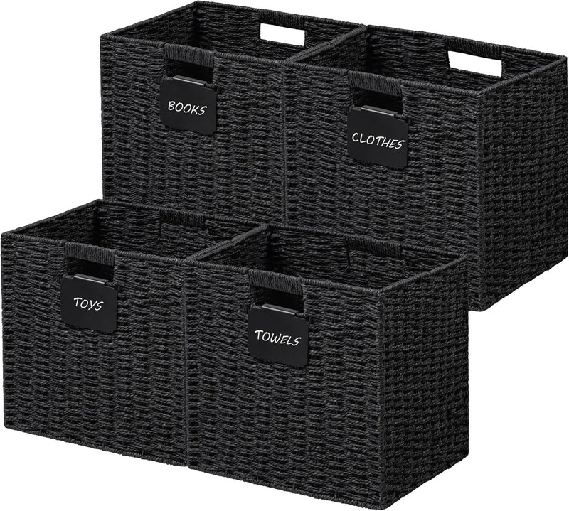 UBBCARE 4 Pack Wicker Basket, 10.5×10.5 Storage Cubes with Label, Foldable Cube Storage Bin with Handle, Square Storage Basket for Shelves, Woven Paper Rope Basket for Organizing, Black by GreenHaven Gardens