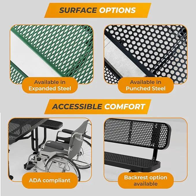 Metal Picnic Tables for Outdoors with Umbrella Hole - Coated Steel Heavy Duty Commercial Grade Table with Adjustable Seats (Green, 46 in, Square, Punched Steel) by GreenHaven Gardens