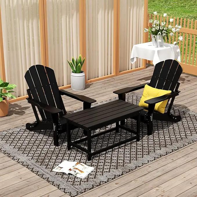 WO Home Furniture Adirondack Chairs Table Set of 3 PCS Outdoor Folding Chairs Coffee Table Weather/UV Resistant for Lawn, Garden, Bon Fire, Balcony (Black) by GreenHaven Gardens