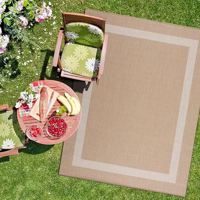 CAMILSON Outdoor Rug 8x10, Modern Outside Rugs for Patios Porches Waterproof Durable Washable Non-Shedding, Easy-to-Clean Indoor Outdoor Area Carpet (8 x 10, Bordered - Beige/White) by GreenHaven Gardens