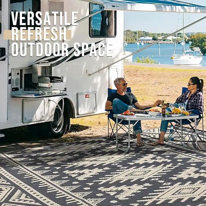 OLANLY Outdoor Rug Waterproof 8x10 ft, Reversible Outdoor Plastic Straw Rug, Boho Patio Rug, Indoor Outdoor Carpet, RV Mat Outside for Patio, Camp, Picnic, Balcony, Deck, Backyard, Black & Beige by GreenHaven Gardens