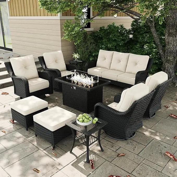 10 Pieces Outdoor Patio Furniture Sets with Rocking Swivel Chairs with 6-inch Thick Cushion and Fire Pit Table for Deck Lawn by GreenHaven Gardens