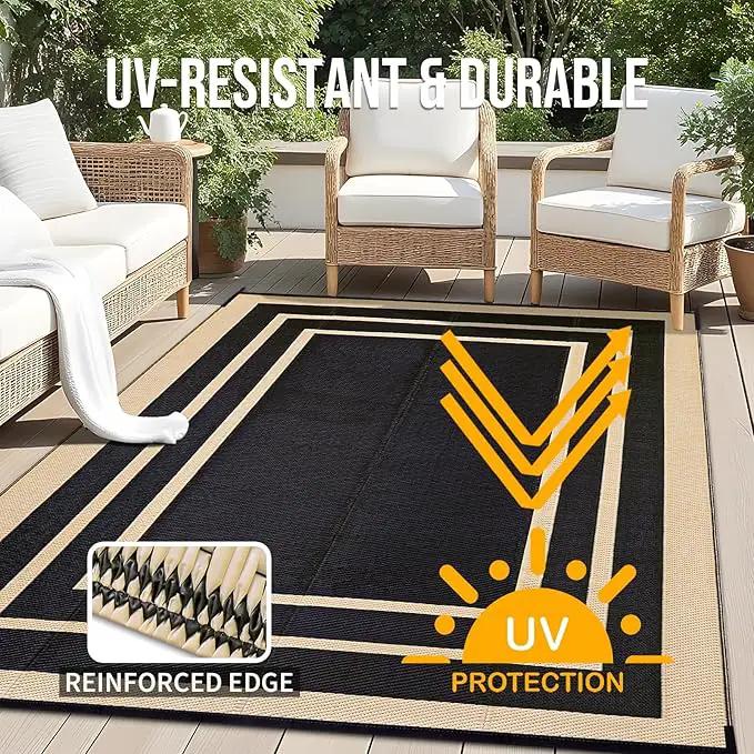 OLANLY Outdoor Rug 8x10 ft Waterproof, Reversible Outdoor Plastic Straw Rug, RV Mat, Indoor Outdoor Carpet Clearance for Patio, Camping, Balcony, Deck, Backyard, Black & Beige by GreenHaven Gardens
