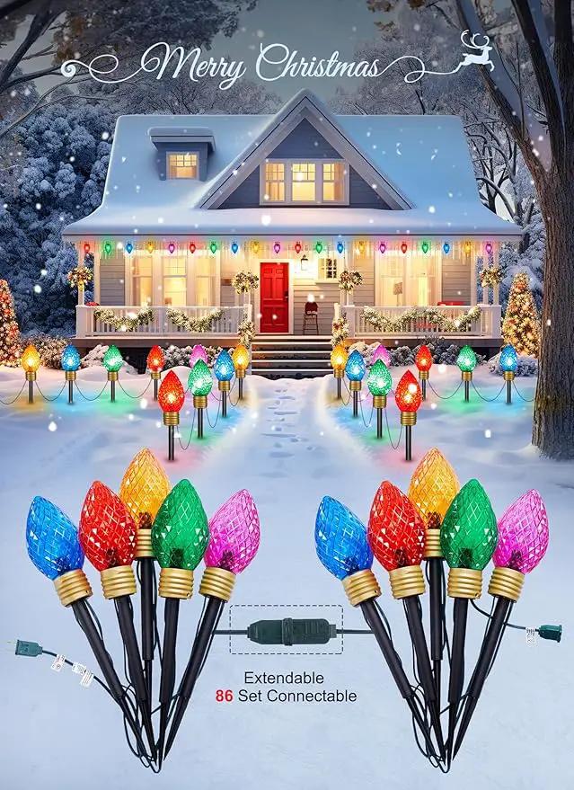 Strawberry Jumbo C9 Christmas Pathway Lights Outdoor - 2 Pack Total 17 Feet 10 LED C9 Christmas Lights, Jumbo Bulb Outdoor Decorations for Yard Lawn Holiday Outside by GreenHaven Gardens