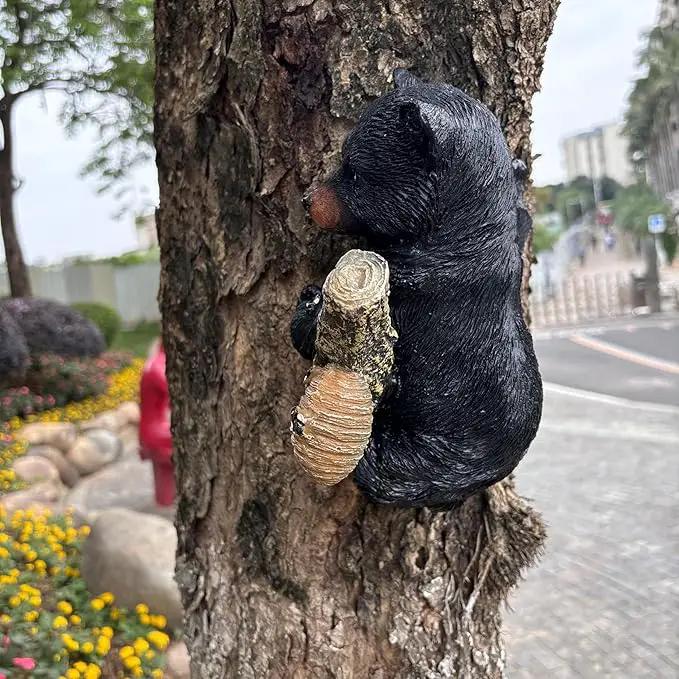 Black Bear Cub Tree Hugger Decor Outdoor Sculpture, Baby Bear Hanging Up a Tree Statue Garden Peeker, Adorable Cute Resin Tree Hugger Bear Face for Gifts and Garden Decor by GreenHaven Gardens