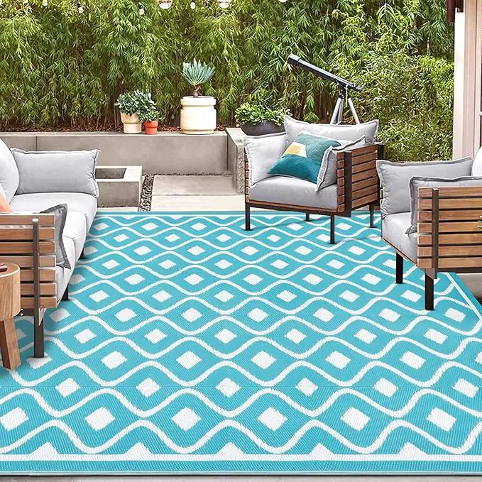 Pauwer Waterproof Outdoor Rug 9x12, Reversible Plastic Straw Patio Camping Rug, Indoor Outdoor RV Mat Carpet for Deck, Camper, Porch, Balcony, Backyard, Picnic, Geometric Teal by GreenHaven Gardens