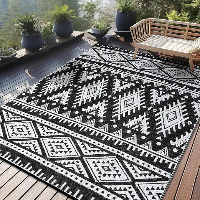 OLANLY Outdoor Rug Waterproof 8x10 ft, Reversible Outdoor Plastic Straw Rug, Boho Patio Rug, Indoor Outdoor Carpet, RV Mat Outside for Patio, Camp, Picnic, Balcony, Deck, Backyard, Black & White by GreenHaven Gardens