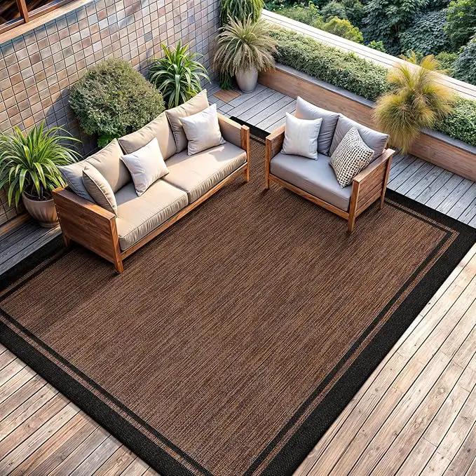 CAMILSON Indoor Outdoor Rug, 9x12 Bordered Nut Brown Black Modern Area Rugs for Indoor and Outdoor Patios, Kitchen and Hallway Mats, Washable Porch Deck Outside Carpet (Border Nut Brown Black, 9 x 12) by GreenHaven Gardens