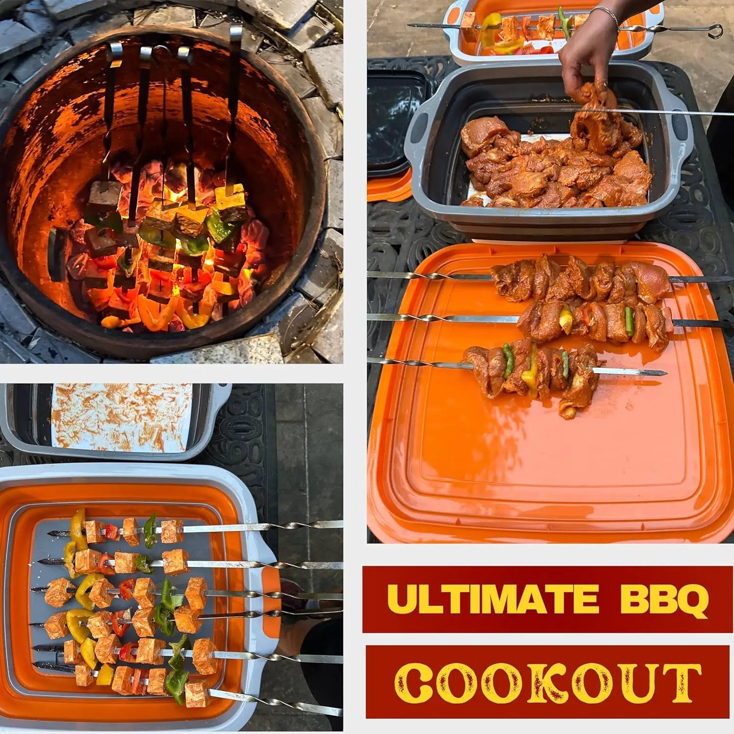 Collapsible Large (8L) BBQ Marinating Tub w/Cutting Board | Multipurpose Food-Grade TPE Prep Tub w/Lid | Built-in Colander & Drain Plug - for Camping | Tailgate | Picnic - Bold Orange by GreenHaven Gardens