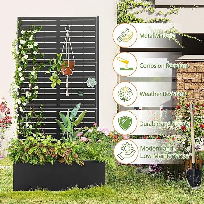 Trellis for Climbing Plants Outdoor，Mental Garden Bed with Drainage Holes Outdoor Privacy Screen Design Tall planters for herb Flower Vegetables 73"x35"x16", Black-Louvered by GreenHaven Gardens