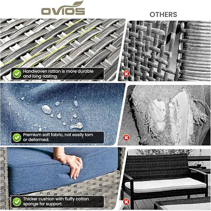 ovios 6 Pieces Patio Furniture Set with 42" Fire Pit Table, Outdoor Wicker Sofa with Comfy Cushions, All Weather High Back Rattan Couch Conversation Set, Denim Blue by GreenHaven Gardens
