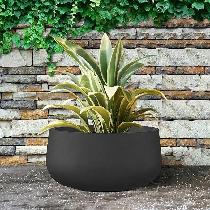 Kante 15.7" Dia Round Concrete Planter, Outdoor Indoor Garden Plant Pots with Drainage Hole and Rubber Plug, Modern Curvaceous Design, Black by GreenHaven Gardens