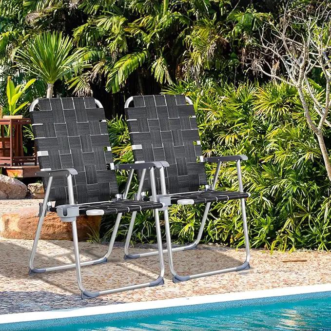 VINGLI Aluminum Patio Lawn Chairs Folding Set of 2 with Detachable Cup Holder, Webbed Beach Chair Folding Chair Outdoor Portable Camping Chair for Yard, Garden by GreenHaven Gardens
