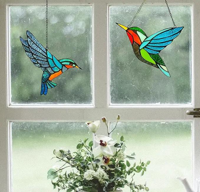 2 Pack Hummingbird Stained Glass Birds Window Hangings, Stained Glass Decorations,Bird Suncatcher for Window Decor Hummingbird Gifts for Mom,Bird Lovers by GreenHaven Gardens