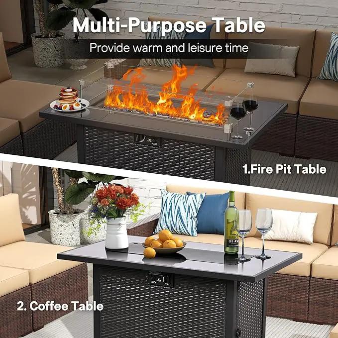 5 Piece Patio Furniture Set with 43" Propane Fire Pit Table, Outdoor Wicker Conversation Set, Rattan Modern Sectional Sofa Couch with Coffee Table for Backyard Porch Garden Poolside, Black-Blue by GreenHaven Gardens