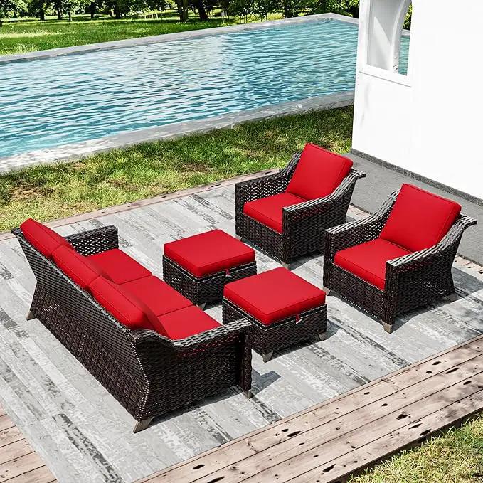 Joyside Wicker Patio Furniture Sets, 5 Pieces Upgraded Large Size Outdoor Furniture with Patio Dining Chairs, 3-Seat Sofa and Outdoor Ottoman, Thick Cushions, Wide Armrest by GreenHaven Gardens
