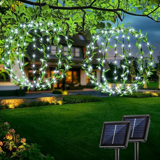 Joomer Solar Hanging Lights Outdoor, 2 Pack 12in 120 LED Solar Globe Lights, 8 Modes Waterproof Foldable Metal Sphere Light with Hook for Garden Yard Porch Decor- White (Ball with Green Leaf) by GreenHaven Gardens