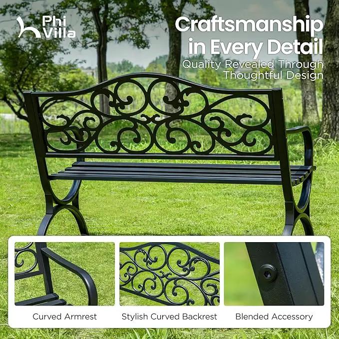 PHI VILLA 50-Inch Cast Iron Steel Frame Garden Bench Outdoor Patio Bench Chair w/Floral Design Backrest, Slatted Seat for Park, Yard & Porch, Black by GreenHaven Gardens