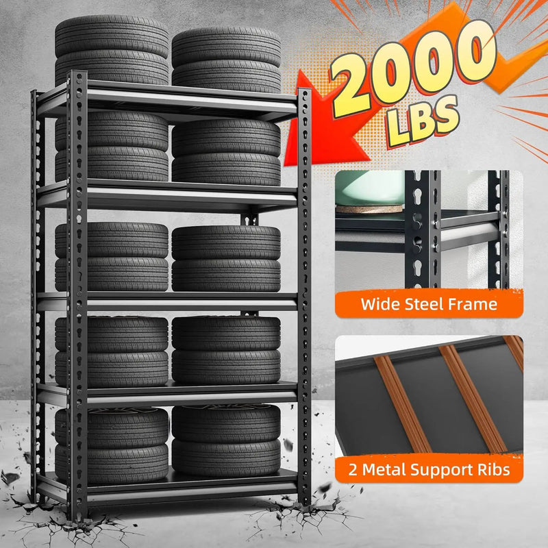 REIBII Storage Shelves, 2000LBS Garage Shelving Heavy Duty, 5 Tier Adjustable Metal Shelving for Garage, Warehouse, Pantry, Kitchen, Basement, 12" D x 27.5" W x 60" H, Black, 2Pack by GreenHaven Gardens