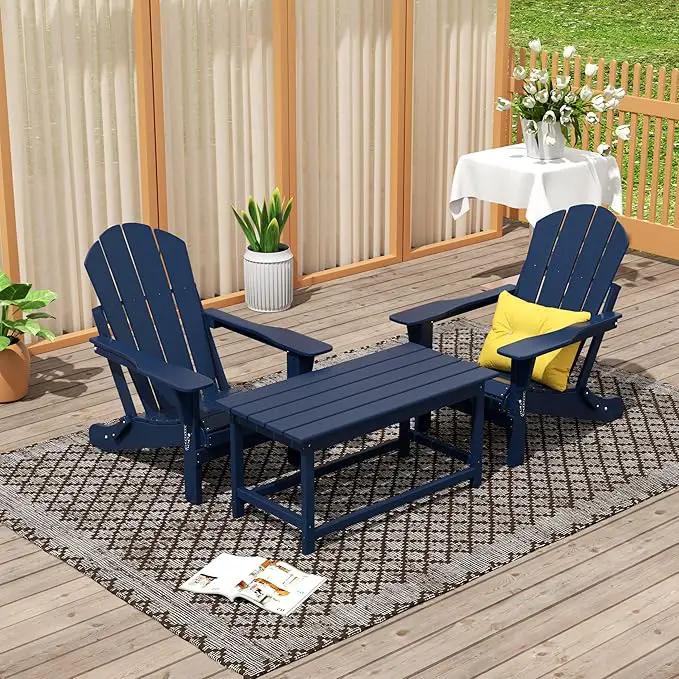 WO Home Furniture Adirondack Chairs Table Set of 3 PCS Outdoor Folding Chairs Coffee Table Weather/UV Resistant for Lawn, Garden, Bon Fire, Balcony (Navy Blue) by GreenHaven Gardens