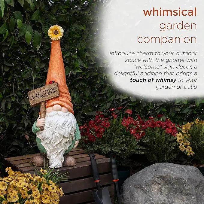 Alpine Corporation MCC848 Indoor/Outdoor Gnome with "Welcome" Sign Garden Statue, Charming Gnome with Hat, 26"H, Orange by GreenHaven Gardens