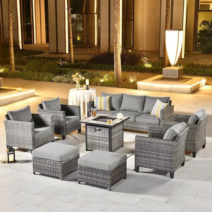 ovios 8 Pieces Patio Furniture Set with 30" Fire Pit Table, Outdoor Wicker Sofa with Comfy Cushions, All Weather High Back Rattan Couch Conversation Set, Dark Grey by GreenHaven Gardens