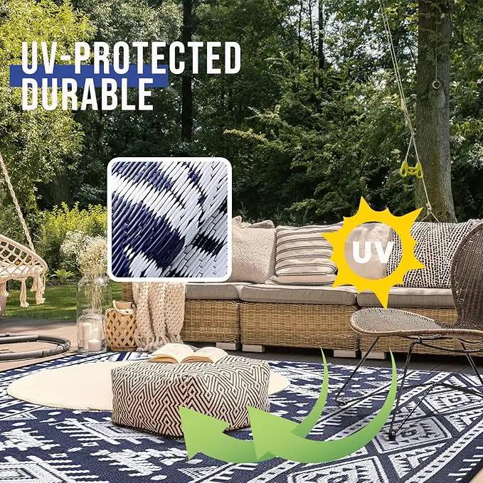 OLANLY Outdoor Rug Waterproof 9x18 ft, Reversible Outdoor Plastic Straw Rug, Boho Patio Rug, Indoor Outdoor Carpet, RV Mat Outside for Patio, Camp, Picnic, Balcony, Deck, Backyard, Navy & White by GreenHaven Gardens