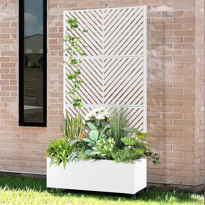 Raised Garden Bed with Trellis and Wheels,73"x35"x16" Metal Raised Garden Bed,White Parallel Metal Planter with Climbing Trellis for Vines & Vegetables by GreenHaven Gardens