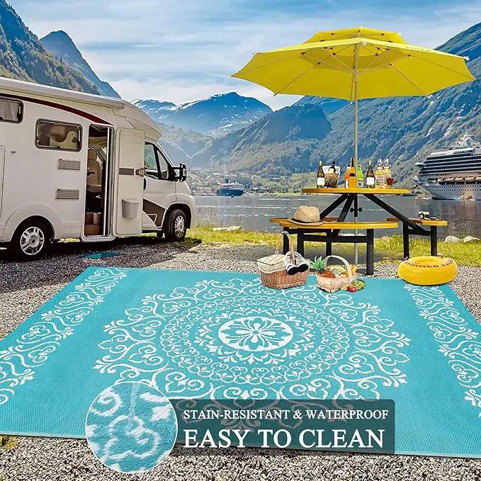 Pauwer Waterproof Outdoor Rug 9x12, Reversible Plastic Straw Patio Camping Rug, Indoor Outdoor RV Mat Carpet for Deck, Camper, Porch, Balcony, Backyard, Picnic, Floral Teal by GreenHaven Gardens