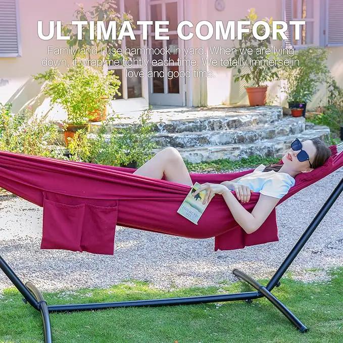 PNAEUT Double Hammocks with Stand for Outside, Portable Space Saving Heavy-Duty Steel Stand for Indoor Outdoor Patio with Carrying Bag, 450 lbs Capacity (Cherry) by GreenHaven Gardens
