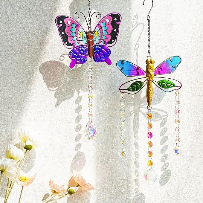 YU FENG Set 2 Suncatchers with Crystals,Stained Glass Butterfly Dragonfly Sun Catchers Window Garden Hanging Decoration Ornament,Prism Rainbow Maker Pendant by GreenHaven Gardens