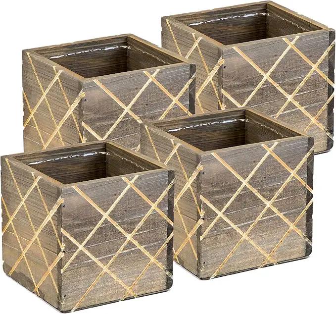 Wood Planter Box with Diamond Cross Hatch Style, 5 Inch Square, Rustic Barn Wood, Plastic Liner, Wedding Flowers Holder, Home and Venue Decor (5x5 Diamond Cross Hatch Set of 4, Natural) by GreenHaven Gardens