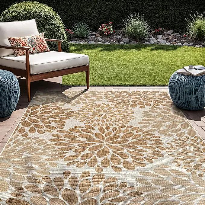 Beverly Rug Outdoor Rug 9x12 Modern Exotic Tropical Leaf Area Rugs for Indoor and Outdoor Patio Deck Porch Garden Water Resistant Washable Outside Carpet (9 x 12 Beige) by GreenHaven Gardens