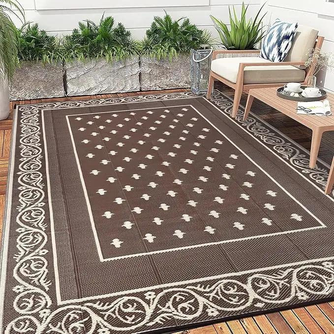 Pauwer Waterproof Outdoor Rug 8x10, Reversible Plastic Straw Patio Camping Rug, Indoor Outdoor RV Mat Carpet for Deck, Camper, Porch, Balcony, Backyard, Picnic, Bordered Brown by GreenHaven Gardens
