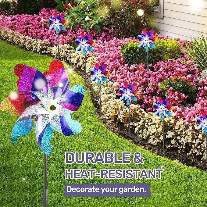 BATTIFE 10 Pack Sparkly Rainbow Pinwheels, Reflective Wind Spinner for Yard and Garden with Stakes, Decor Windmill to Scare Birds Away for Lawn and Patio by GreenHaven Gardens
