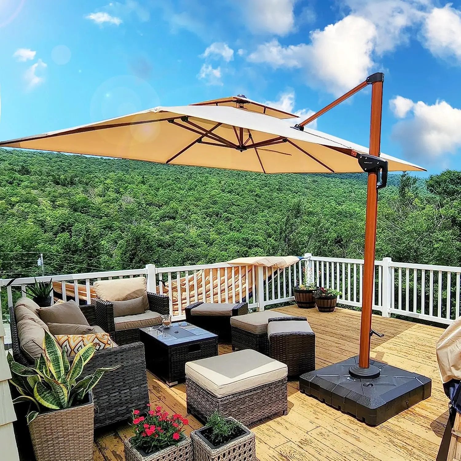 PURPLE LEAF 9' X 12' Double Top Deluxe Wood Pattern Rectangle Patio Umbrella Offset Hanging Umbrella Outdoor Market Umbrella Garden Umbrella, Beige by GreenHaven Gardens
