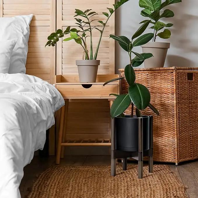 D'vine Dev Planter Pot with Stand - 8 Inch Plastic Cylinder Flower Pot with Wood Planter Holder for Indoor, Matte Black Pot + Walnut Color Stand, 55-C-I-2 by GreenHaven Gardens