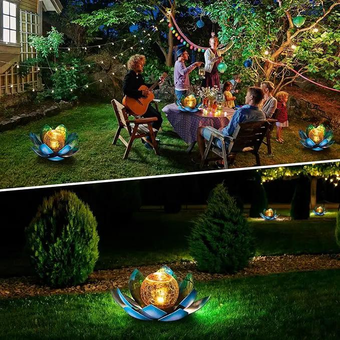 Huaxu Solar Light Outdoor Garden Decor Blue Metal Crackle Globe Glass Waterproof LED Lotus Flower Table Lamp Decorations for Patio Yard Porch Pathway Ground by GreenHaven Gardens