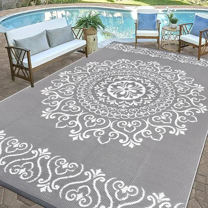 Pauwer Waterproof Outdoor Rug 9x12, Reversible Plastic Straw Patio Camping Rug, Indoor Outdoor RV Mat Carpet for Deck, Camper, Porch, Balcony, Backyard, Picnic, Floral Grey by GreenHaven Gardens
