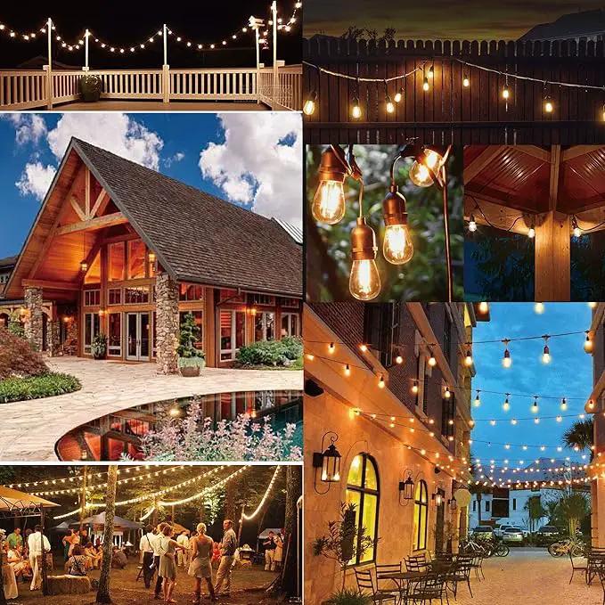Outdoor String Lights LED 100FT Commercial Grade Heavy Duty Light String Lights with 30 Sockets 32 Shatterproof Plastic Bulbs Include 2 Spare S14 Dimmable Edison Bulbs Patio Market Cafe Light by GreenHaven Gardens
