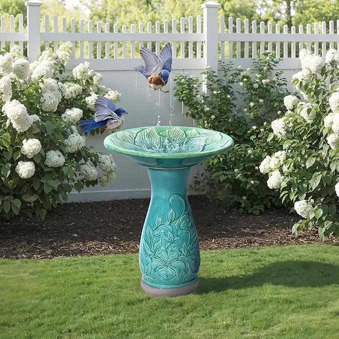 LuxenHome 23 Inch Ceramic Bird Bath for Outside, Elegant Tall Outdoor Bird Bath, Lightweight Pedestal Glazed Birdbaths for Outdoors with Floral Embossed Design, Jade Green by GreenHaven Gardens