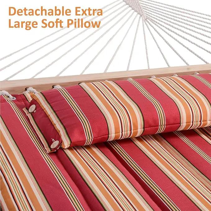 SUNCREAT Outdoor Hammock with Stand, Two Person Quilted Fabric Hammock Swing with 12ft Steel Stand, Red Stripes by GreenHaven Gardens