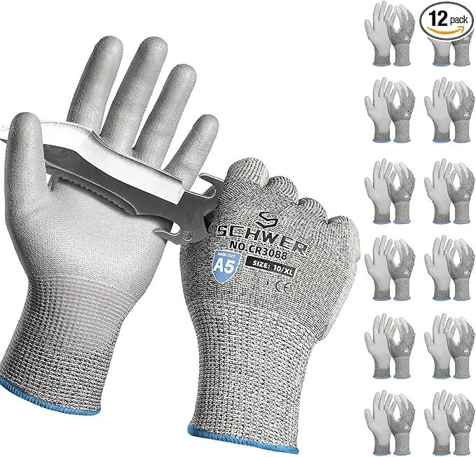 Schwer 12 Pairs ANSI A5 Cut Resistant Work Gloves, Cut Proof Gloves with PU Coating, Used for Metal Fabrication, WoodWorking, Construction, Non Slip, Durable, XL, CR3088 by GreenHaven Gardens
