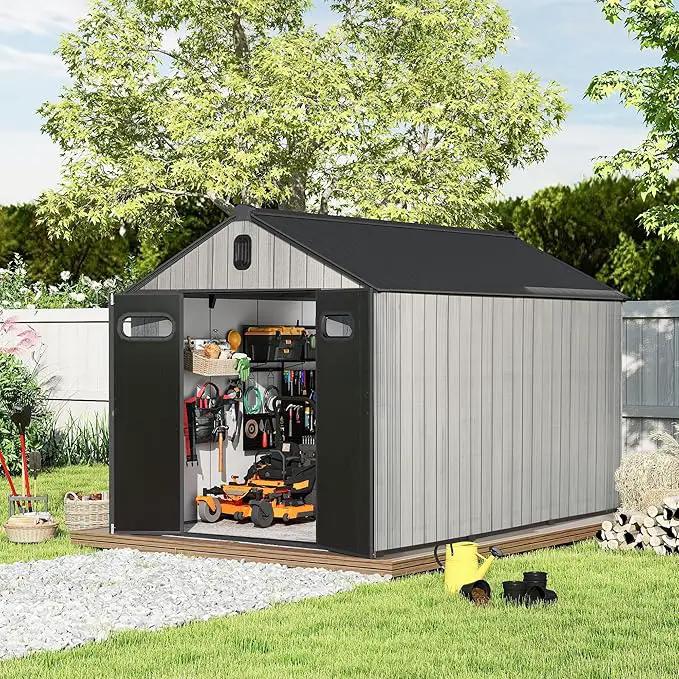 Domi 8x12 FT Outdoor Resin Storage Shed, All-Weather Double-Wall Storage Building for Backyard, Garden, Lawn Tools, Mower, Bike & Pool Equipment, Lockable Doors, Ventilated Roof, Grey by GreenHaven Gardens